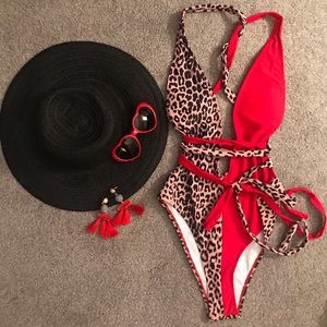 Red and leopard bathing suit